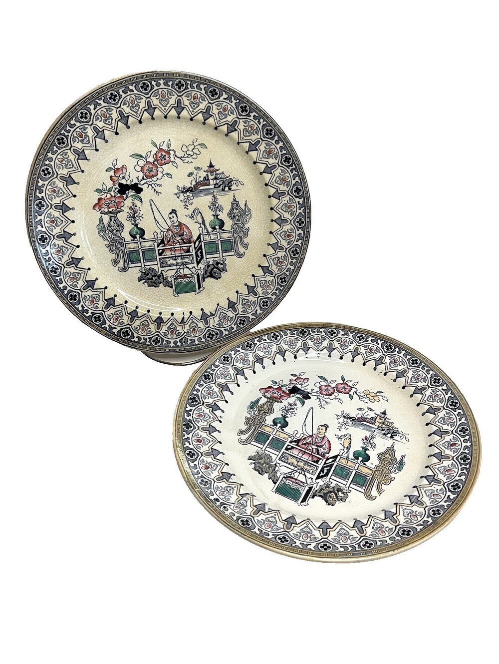 ANTQ Imperial Stone England Multicolor Penang Dinner Plates 2pc Set  18th C RARE